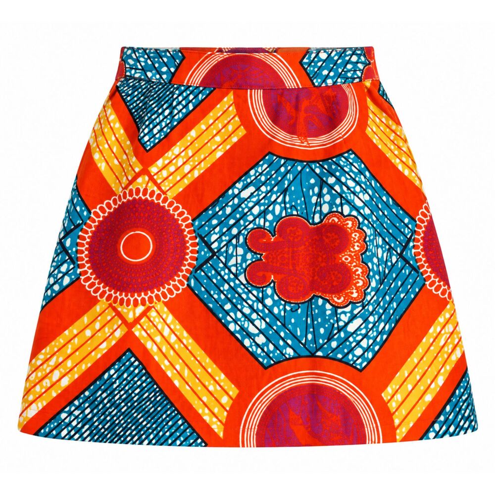 Boxing Kitten African Wax Print High Waist Mini Skirt Orange Blue